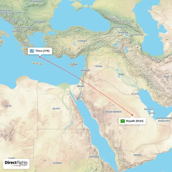 Thira - Riyadh direct flight map
