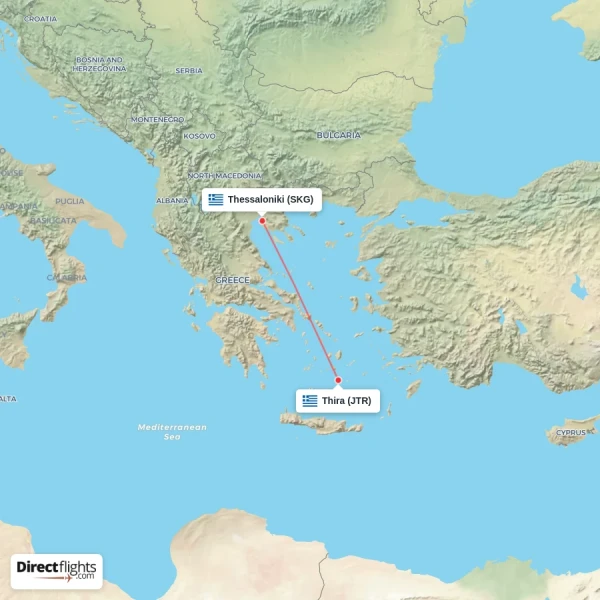 Thira - Thessaloniki direct flight map