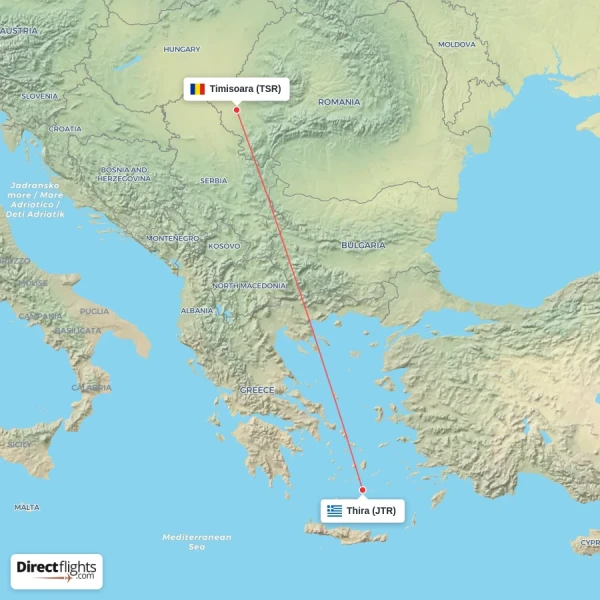 Thira - Timisoara direct flight map
