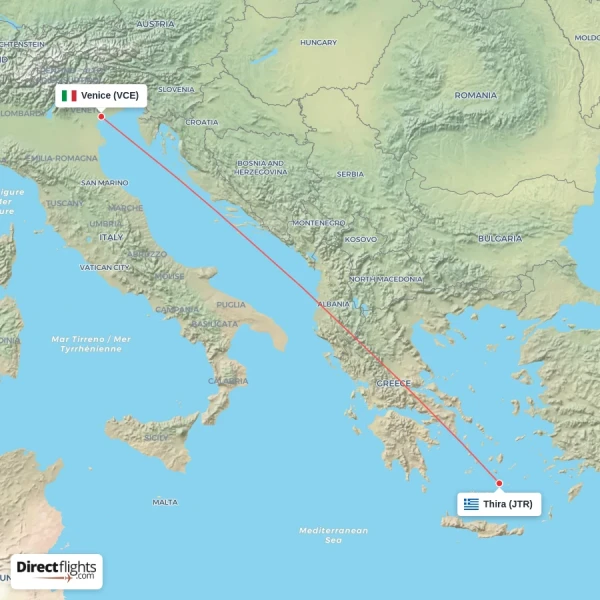 Thira - Venice direct flight map