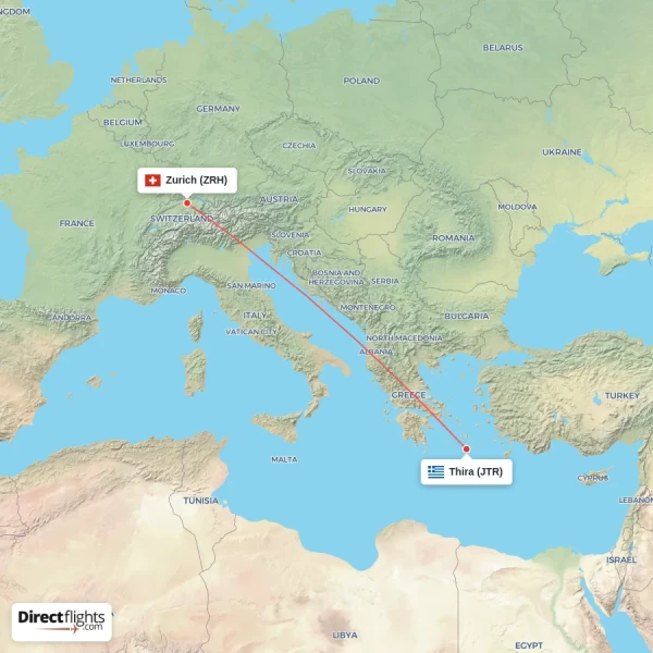 Thira - Zurich direct flight map