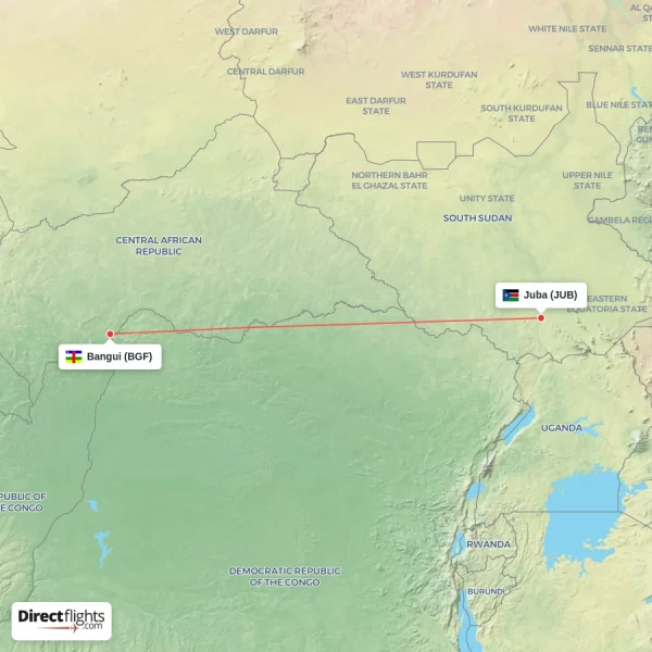 Juba - Bangui direct flight map