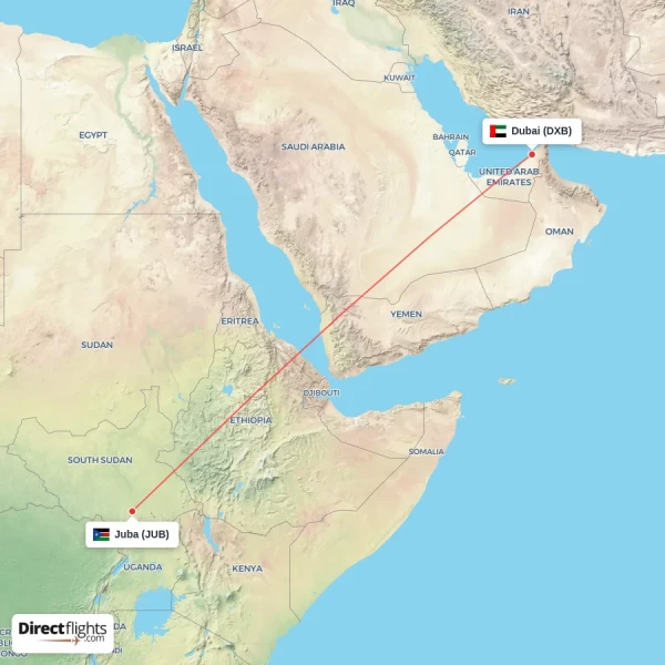 Juba - Dubai direct flight map