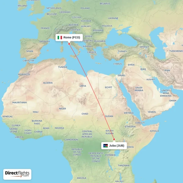 Juba - Rome direct flight map