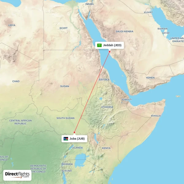 Juba - Jeddah direct flight map