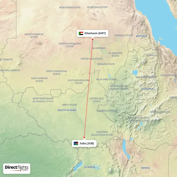 Juba - Khartoum direct flight map