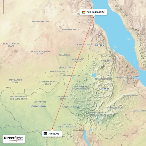 Juba - Port Sudan direct flight map