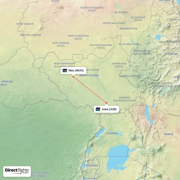Juba - Wau direct flight map