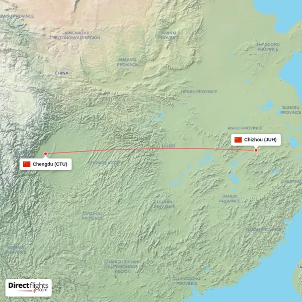 Chizhou - Chengdu direct flight map