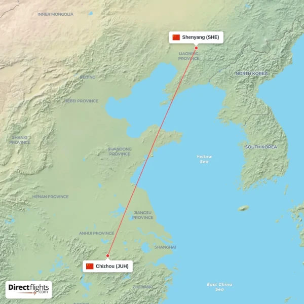 Chizhou - Shenyang direct flight map