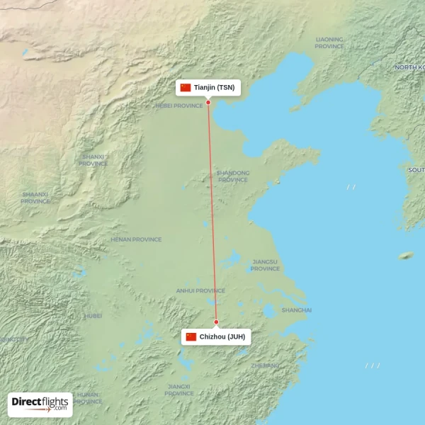 Chizhou - Tianjin direct flight map