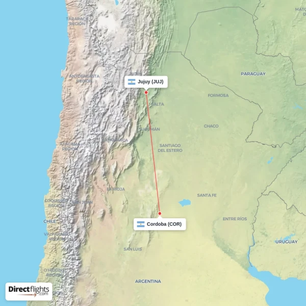 Jujuy - Cordoba direct flight map