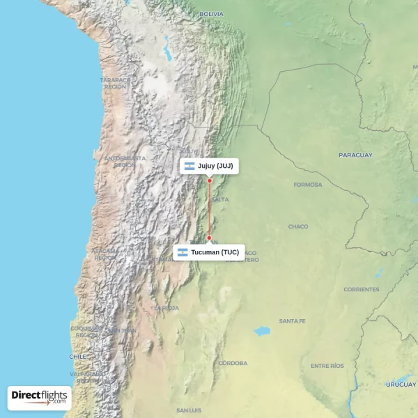 Jujuy - Tucuman direct flight map