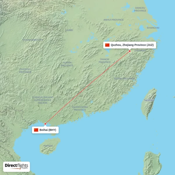 Quzhou, Zhejiang Province - Beihai direct flight map
