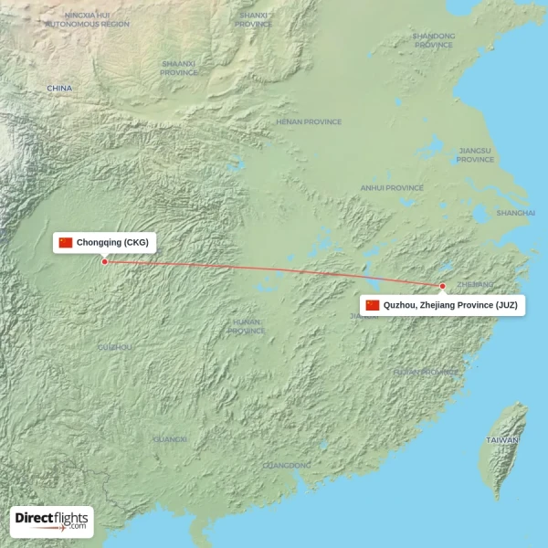 Quzhou, Zhejiang Province - Chongqing direct flight map