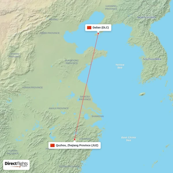Quzhou, Zhejiang Province - Dalian direct flight map