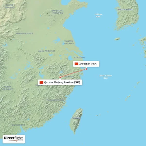 Quzhou, Zhejiang Province - Zhoushan direct flight map