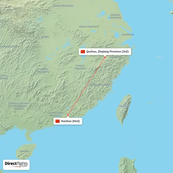 Quzhou, Zhejiang Province - Huizhou direct flight map