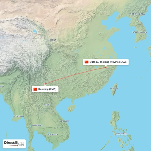Quzhou, Zhejiang Province - Kunming direct flight map