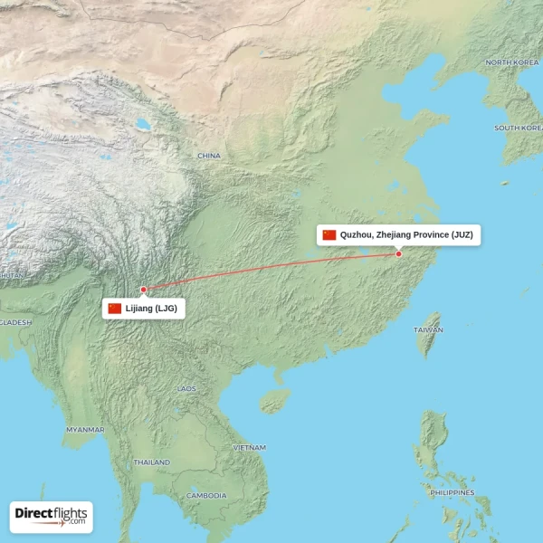 Quzhou, Zhejiang Province - Lijiang direct flight map