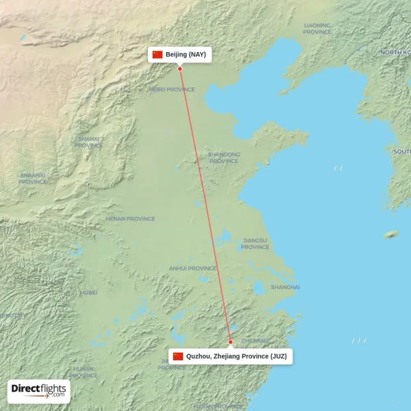 Quzhou, Zhejiang Province - Beijing direct flight map