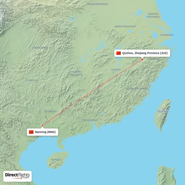 Quzhou, Zhejiang Province - Nanning direct flight map