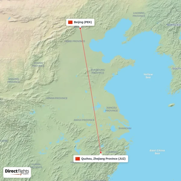 Quzhou, Zhejiang Province - Beijing direct flight map