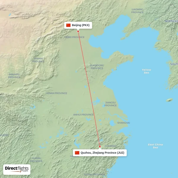 Quzhou, Zhejiang Province - Beijing direct flight map