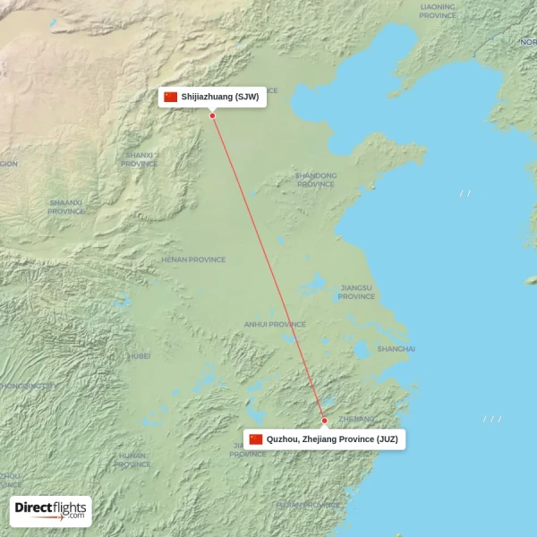 Quzhou, Zhejiang Province - Shijiazhuang direct flight map