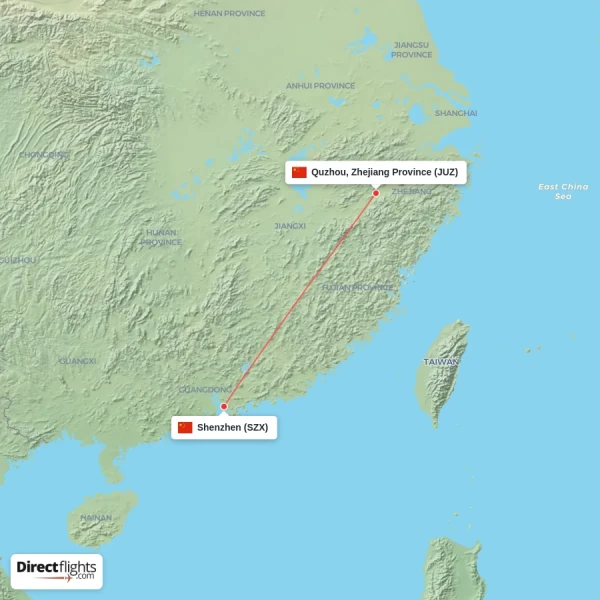 Quzhou, Zhejiang Province - Shenzhen direct flight map