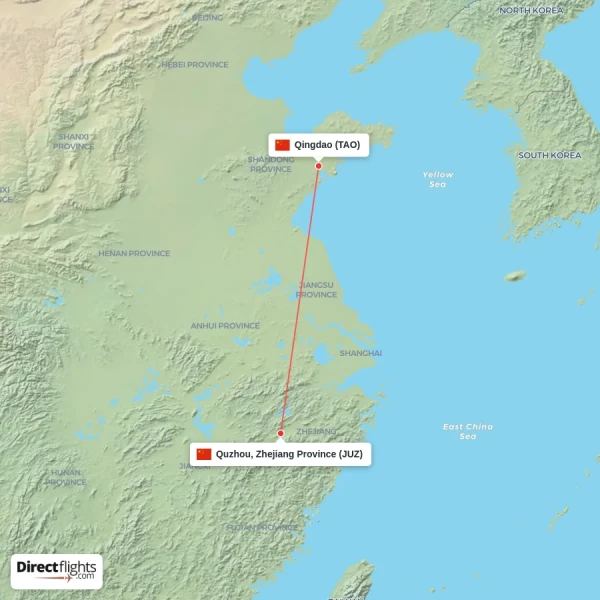Quzhou, Zhejiang Province - Qingdao direct flight map