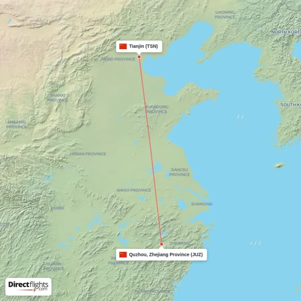 Quzhou, Zhejiang Province - Tianjin direct flight map