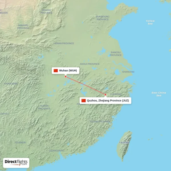 Quzhou, Zhejiang Province - Wuhan direct flight map