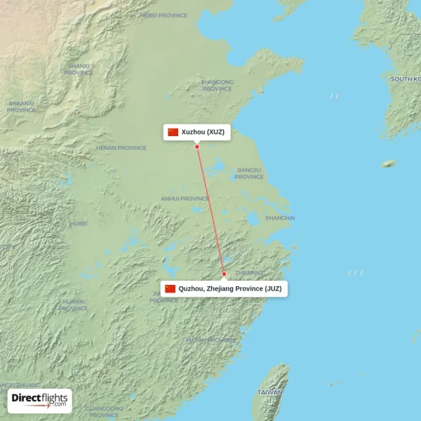 Quzhou, Zhejiang Province - Xuzhou direct flight map