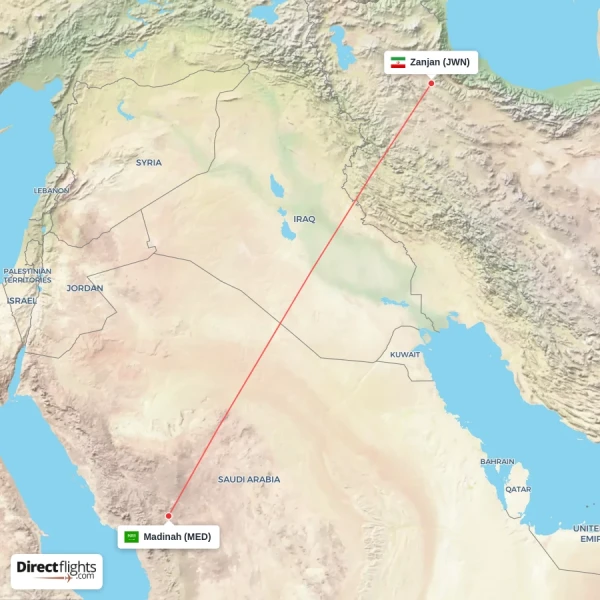 Zanjan - Madinah direct flight map