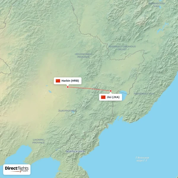 Jixi - Harbin direct flight map