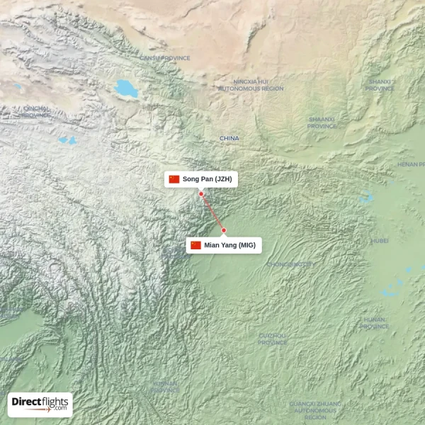 Song Pan - Mian Yang direct flight map