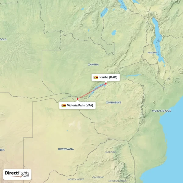 Kariba - Victoria Falls direct flight map