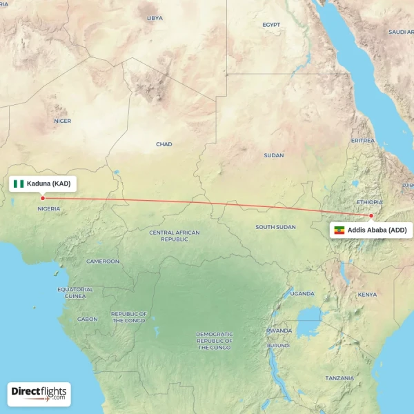 Kaduna - Addis Ababa direct flight map