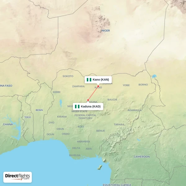 Kaduna - Kano direct flight map