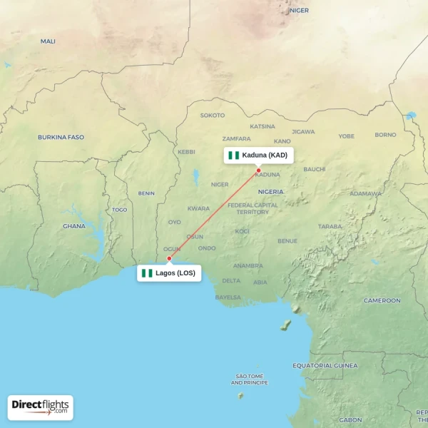 Kaduna - Lagos direct flight map