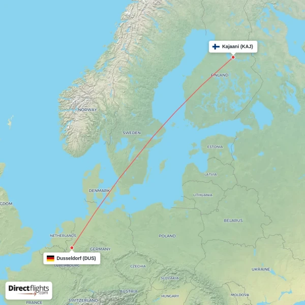 Kajaani - Dusseldorf direct flight map