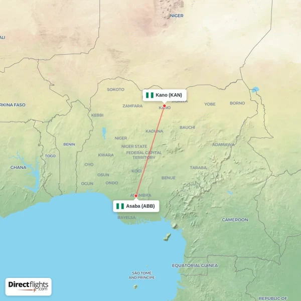 Kano - Asaba direct flight map