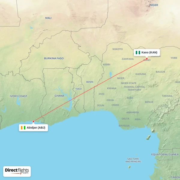 Kano - Abidjan direct flight map