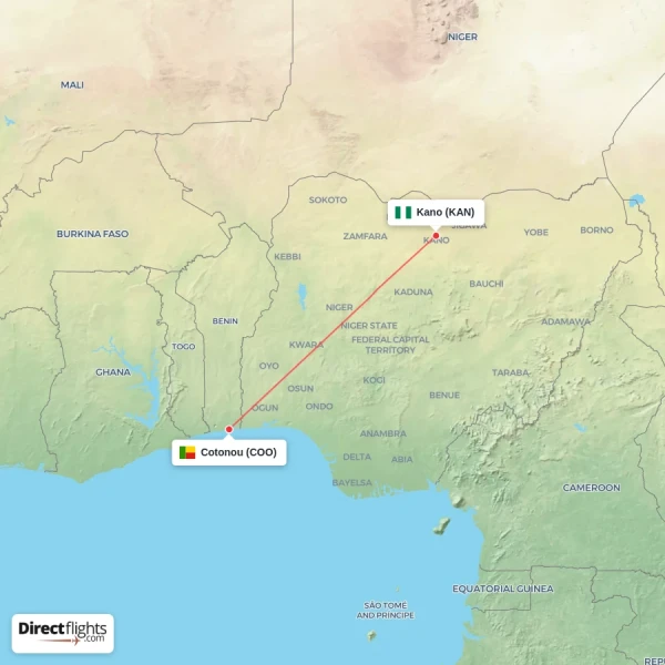 Kano - Cotonou direct flight map