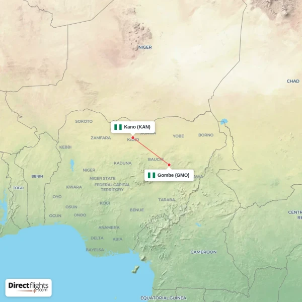 Kano - Gombe direct flight map