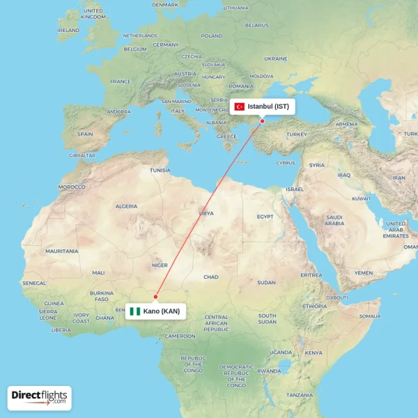 Kano - Istanbul direct flight map