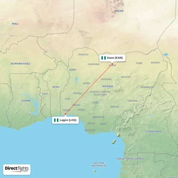 Kano - Lagos direct flight map