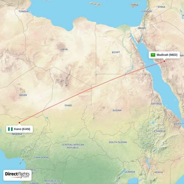 Kano - Madinah direct flight map