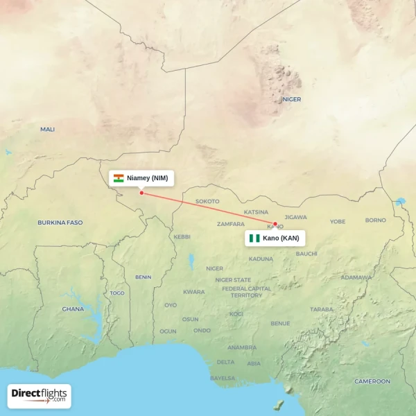 Kano - Niamey direct flight map